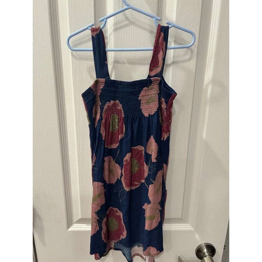 Cinnamon Girls Floral Sundress Navy‎ Pink Poppy Smocked Back Pockets 7/8 k2028